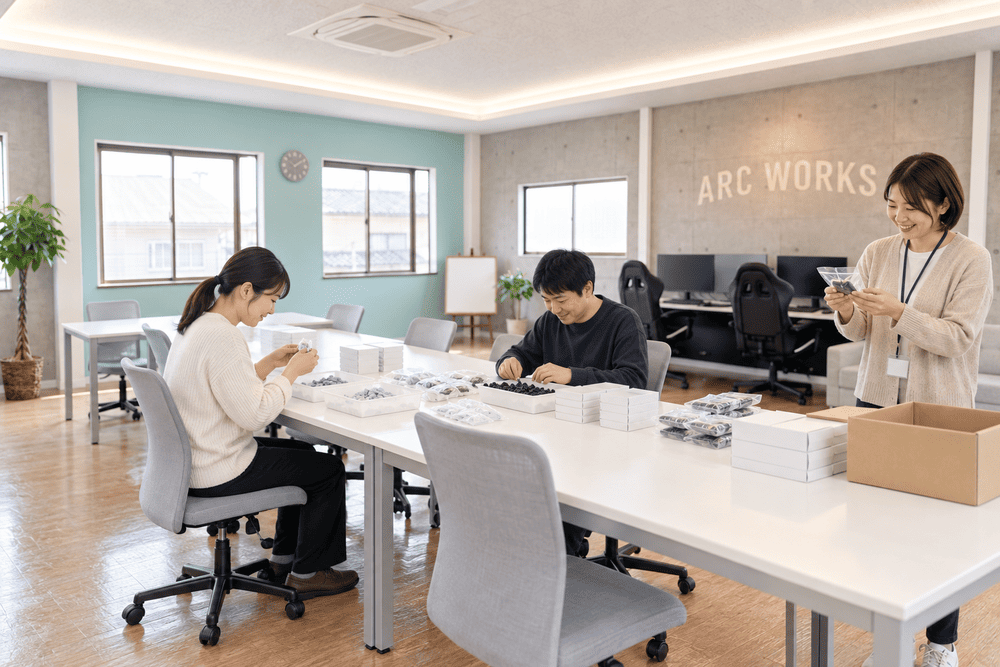 アークワークスでスタッフの支援を受けながらパソコンやAIを使った作業に取り組む利用者