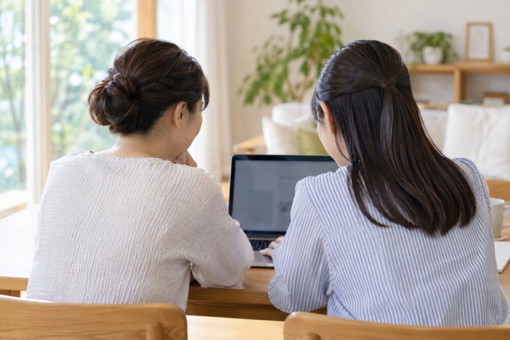 進路の情報を一緒に調べる母と成人した娘のイメージ
