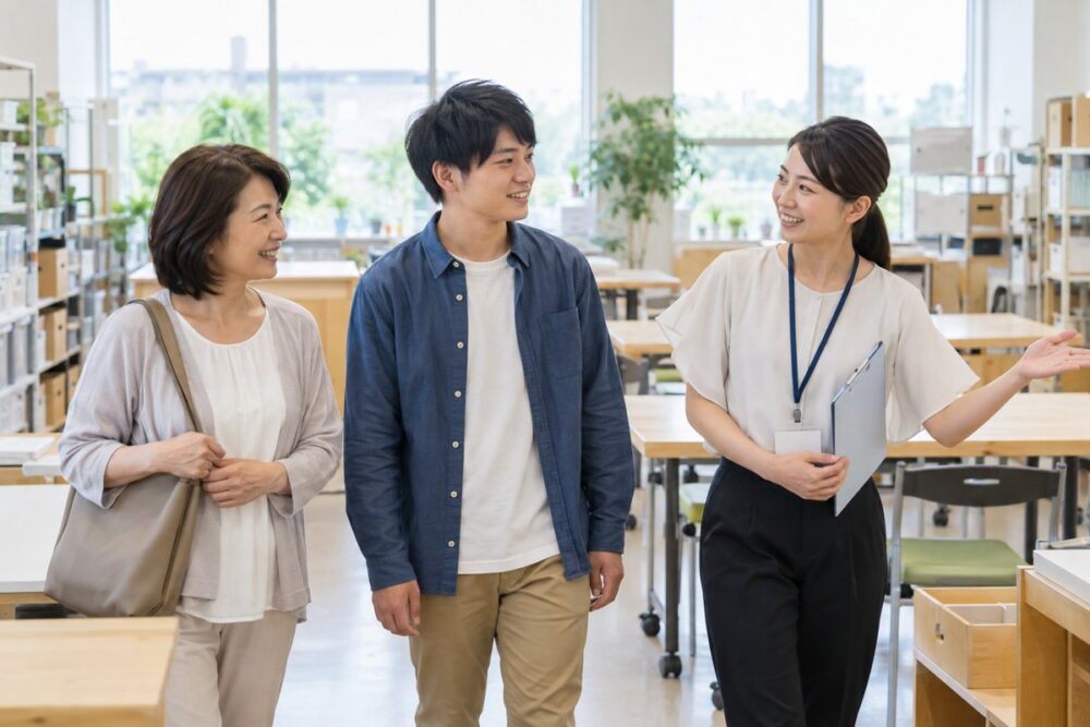 親子で作業スペースを見学するイメージ