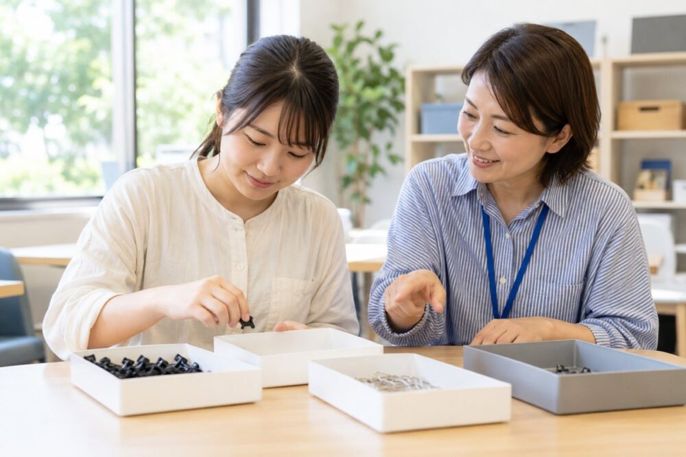 支援者の説明を受けながら軽作業を試す成人女性のイメージ