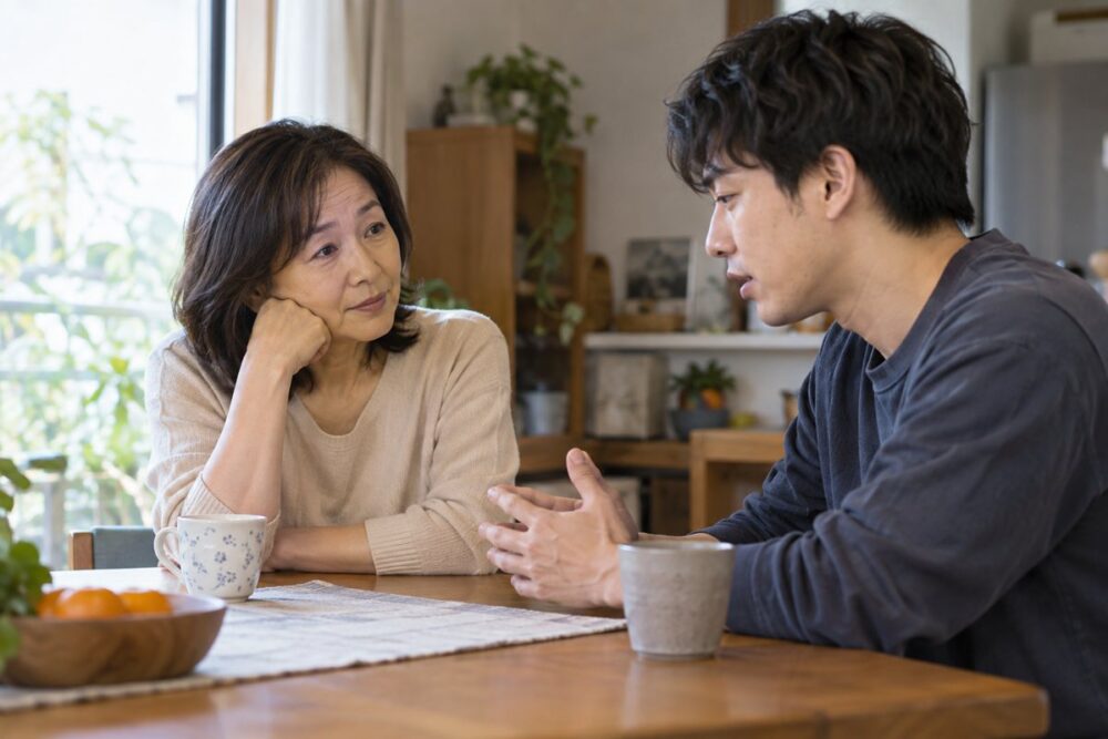 成人した息子の話を落ち着いて聞く母のイメージ