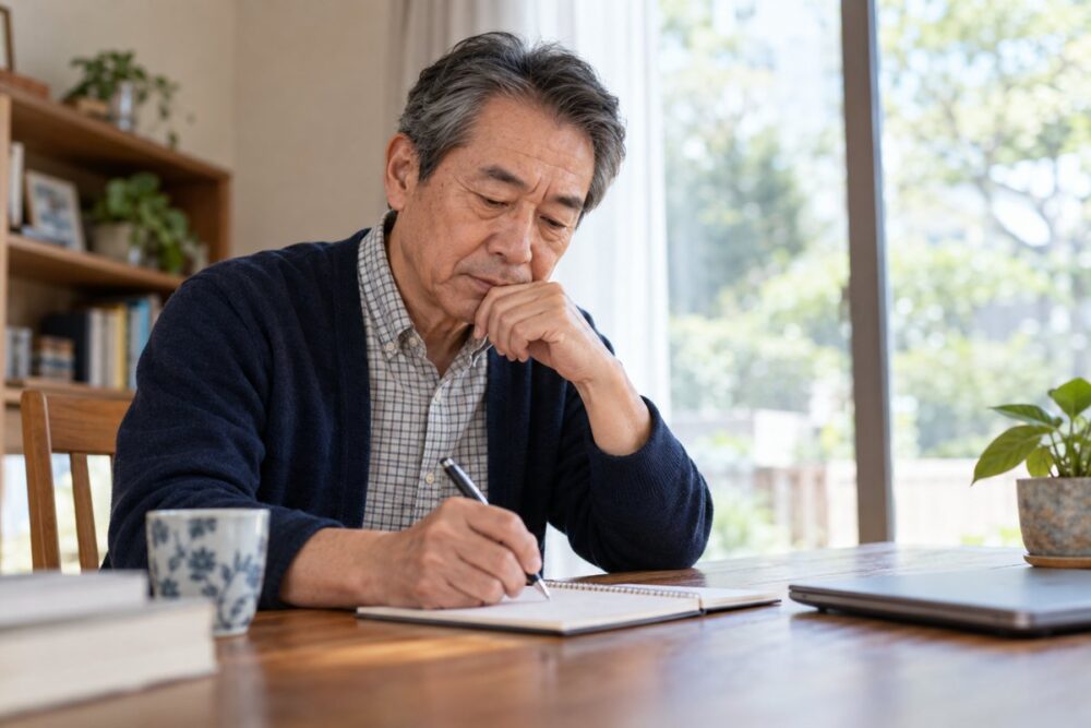 相談したい内容を自宅で整理する父のイメージ