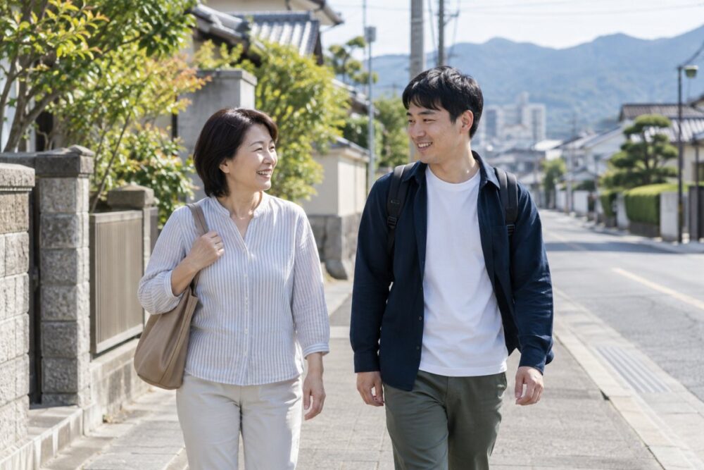 住宅街を穏やかに歩く親子のイメージ