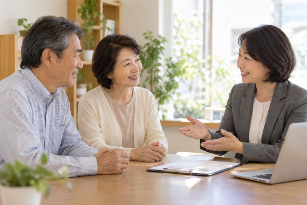 子どもの同席なしで支援者に相談する両親のイメージ