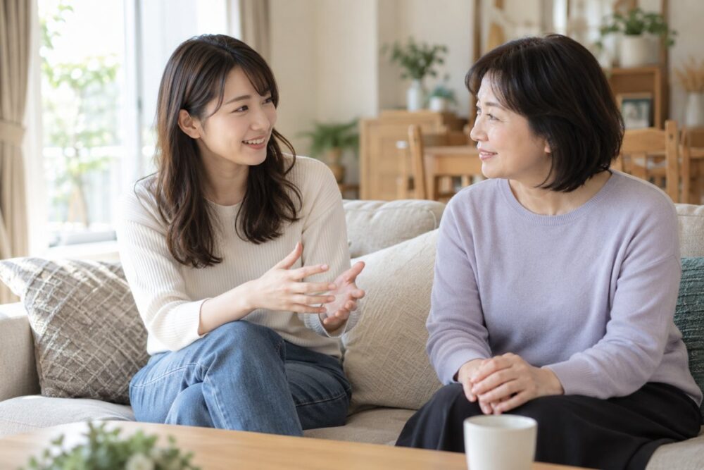 ソファで落ち着いて話す母と成人した娘のイメージ