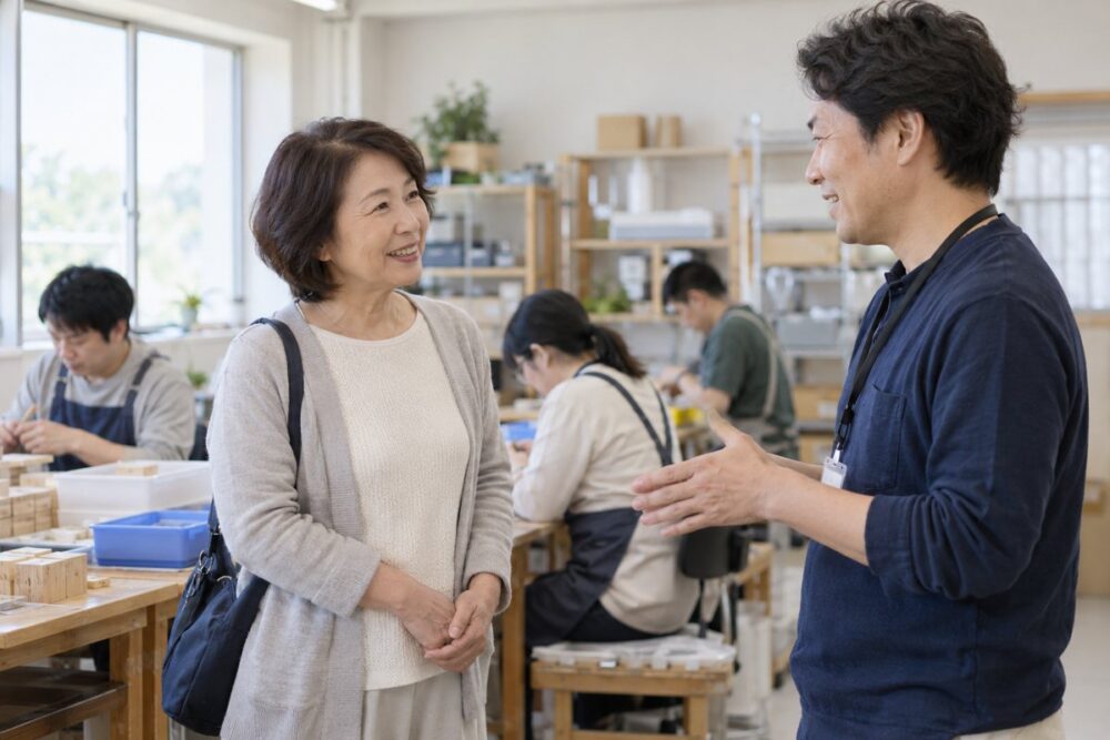 支援者と作業室を見学する親御さんのイメージ