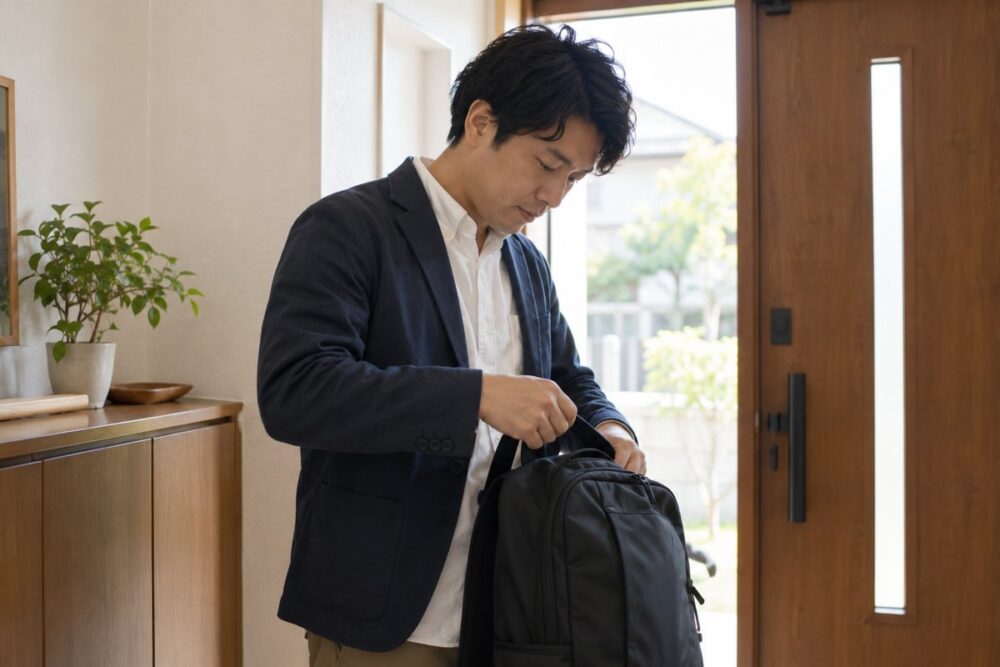 外出するためのかばんを自分で準備する成人男性のイメージ