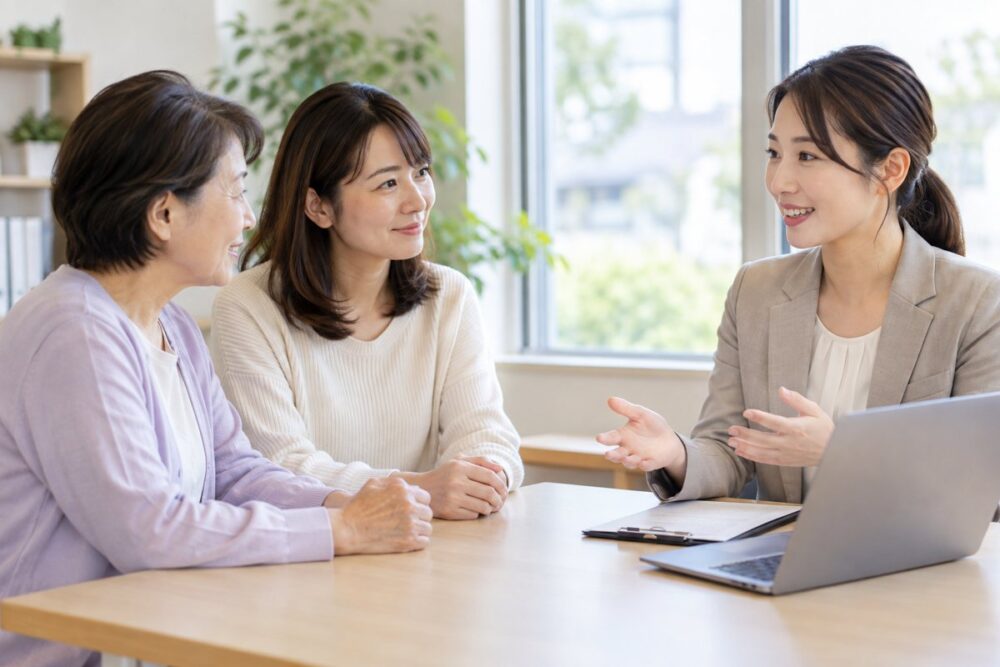 親子で支援者と日中の過ごし方を相談するイメージ