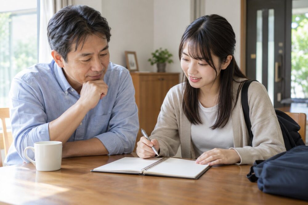 見学前にノートを見ながら話す父と成人した娘のイメージ