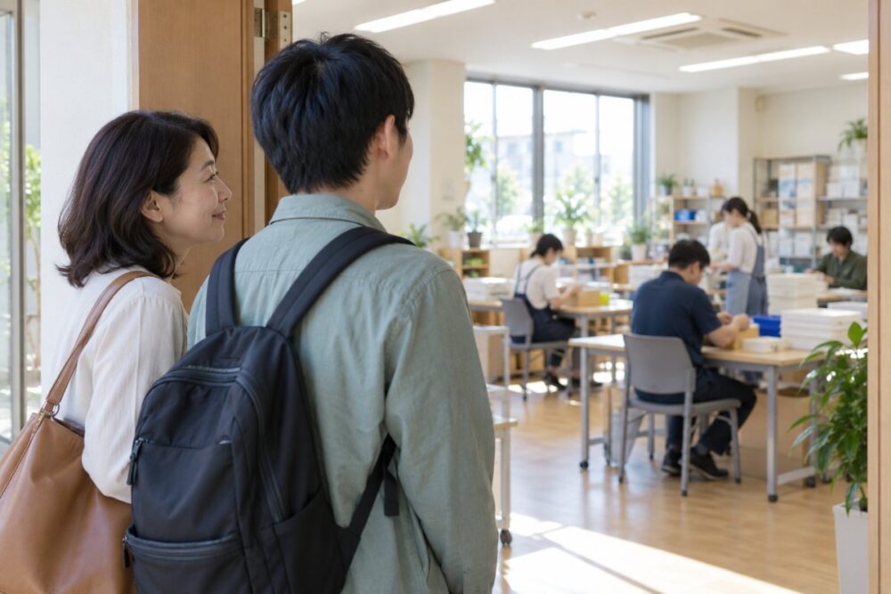親子で作業室の様子を見るイメージ