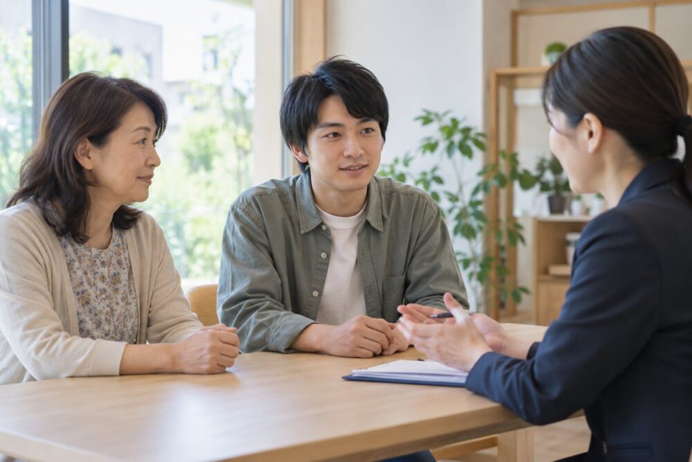 見学後に親子と支援者が話し合うイメージ