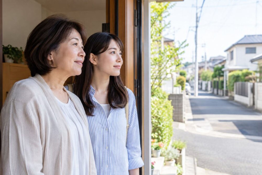 自宅の玄関で外出について考える母と成人した娘のイメージ