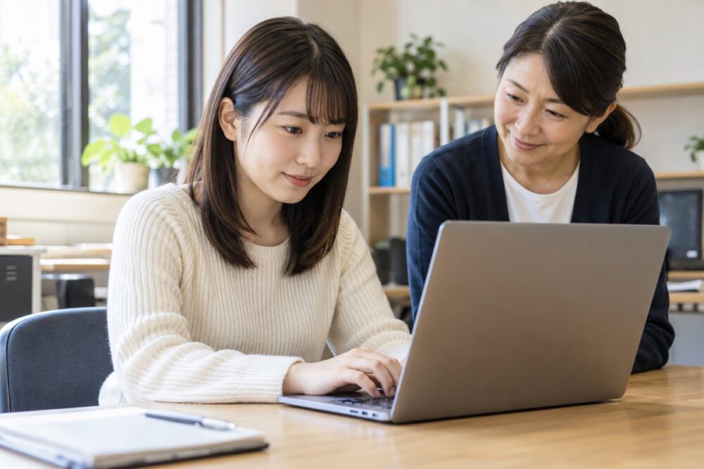 支援者と基礎的なパソコン操作を学ぶ成人女性のイメージ
