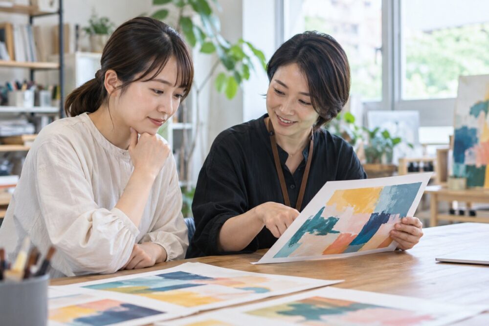 制作物について支援者と話す成人女性のイメージ