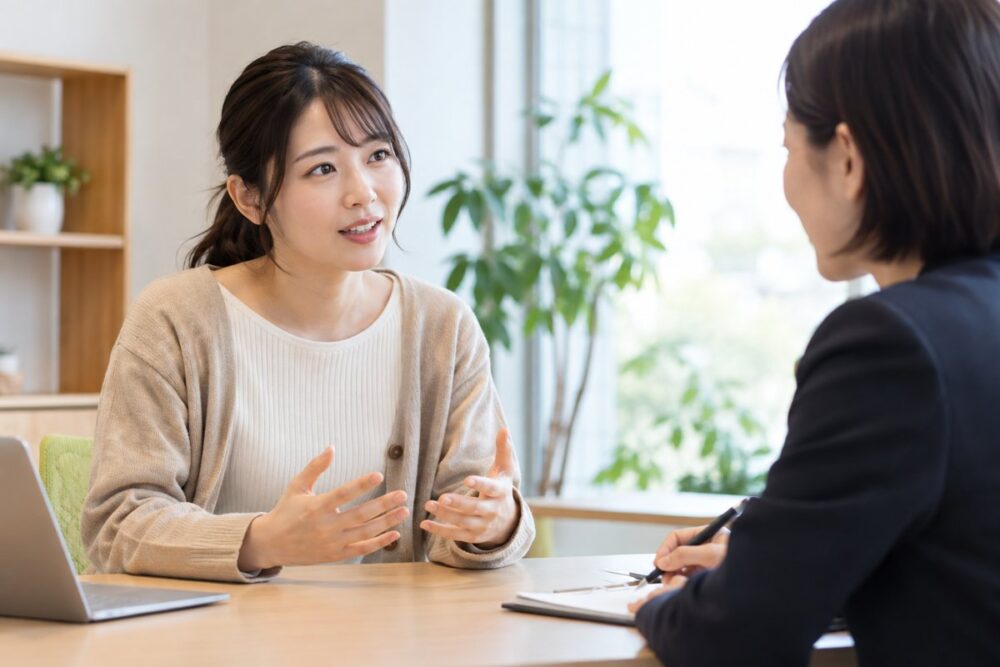 通所の希望について支援者に説明する成人女性のイメージ