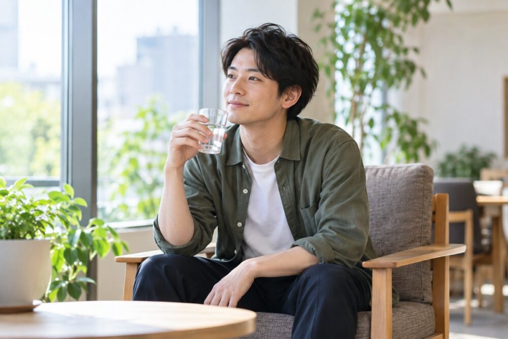 明るい休憩スペースで水を飲んで休む成人男性のイメージ