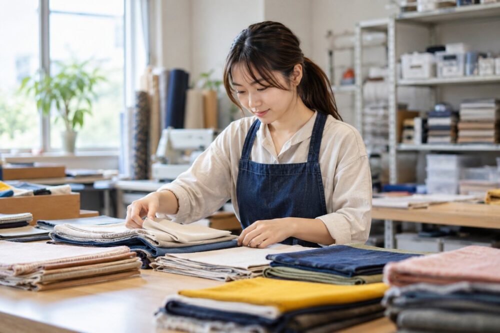作業台で布を仕分ける成人女性のイメージ