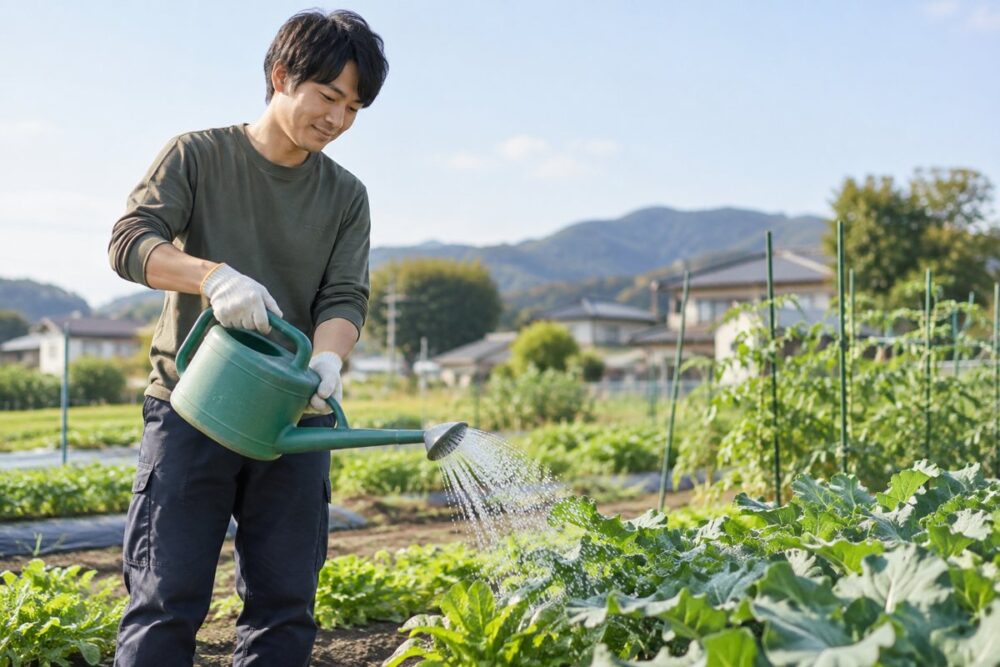 畑で野菜に水をやる成人男性のイメージ