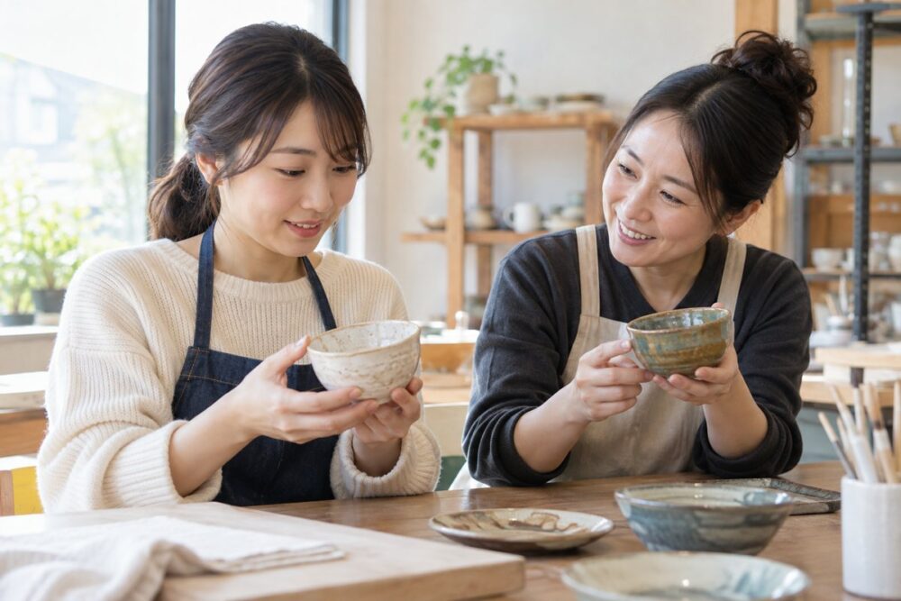完成した制作物を支援者と見ながら話す成人女性のイメージ