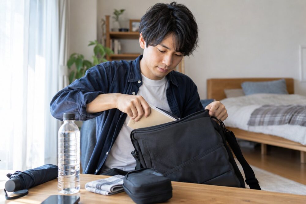 初めての見学に向けてかばんを準備する成人男性のイメージ