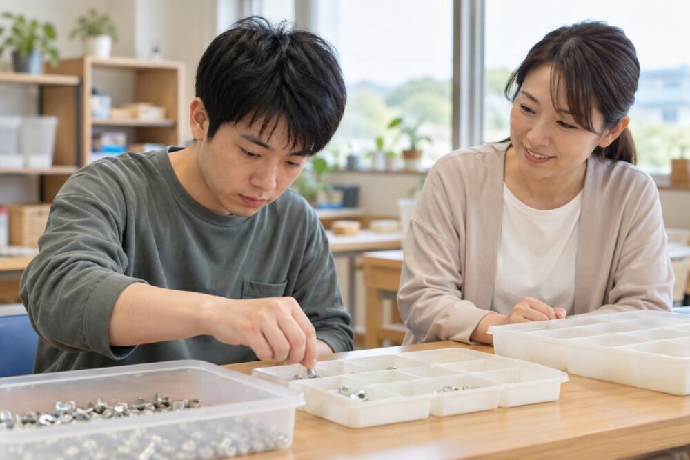 支援者のそばで仕分け作業を試す成人男性のイメージ