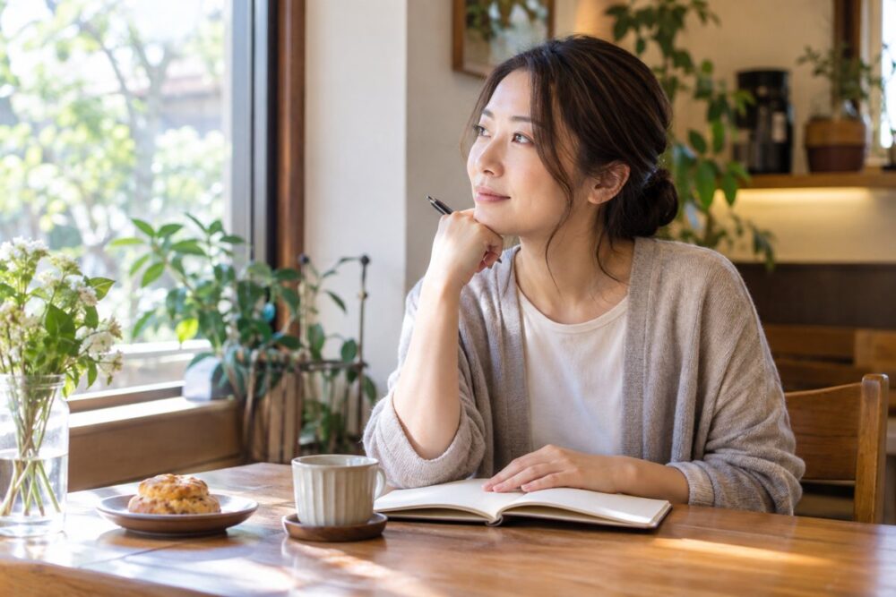 見学後に自分の気持ちをノートで整理する成人女性のイメージ