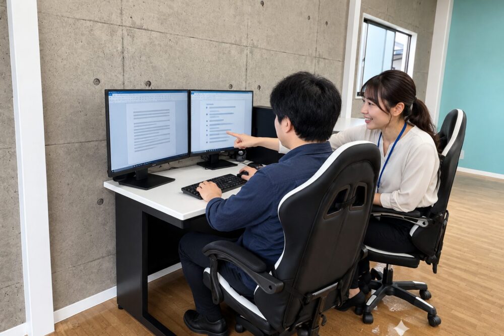 支援者と一緒にパソコンの画面を確認するイメージ