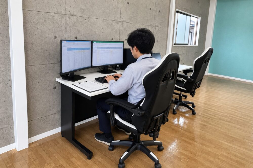 アークワークスで資料を見ながらパソコン作業に取り組むイメージ
